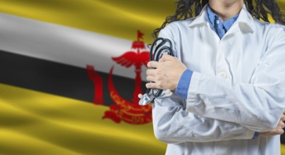 Healthcare professional with Brunei flag background. Professional doctor holding stethoscope on