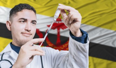 Doctor holding syringe on Brunei flag background. Medical professional holding syringe with