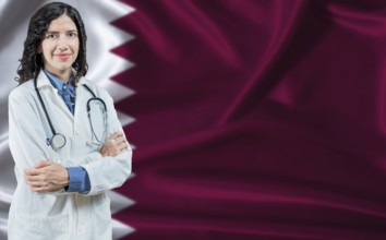 Qatari medicine and healthcare concept. Doctor close up against Qatar flag background