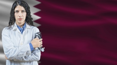 Qatari national health system, Medical professional on Qatar flag background