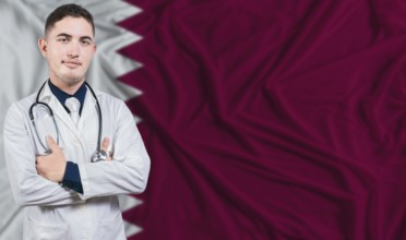 Portrait of medical professional on Qatar flag background. Qatari national health system