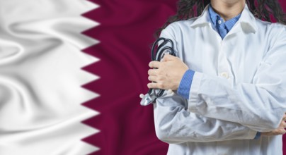 Healthcare professional with Qatar flag background. Professional doctor holding stethoscope on