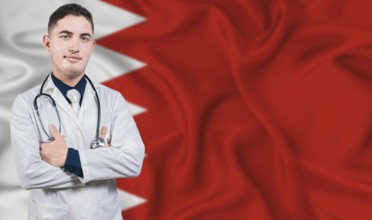 Portrait of medical professional on Bahrain flag background. Bahraini national health system