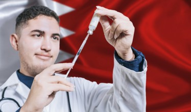 Doctor holding syringe on Bahrain flag background. Medical professional holding syringe with