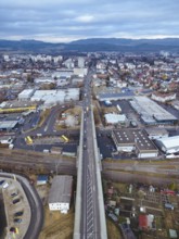 Aerial view of the town of Radolfzell on Lake Constance with Zeppelin road leading through the