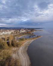 Aerial view of the town of Radolfzell on Lake Constance with the banks during winter vegetation and