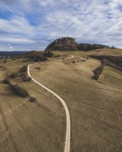 Aerial view of Hohentwiel with winter vegetation seen from the west, Konstanz district,