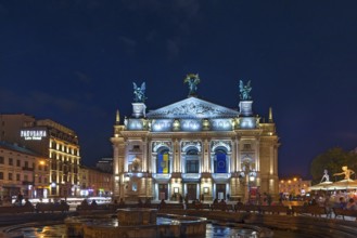 Lviv Opera House illuminated at night, Lviv, Ukraine