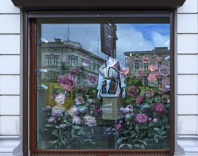 Fashion shop decorated with flowers, Lviv, Ukraine