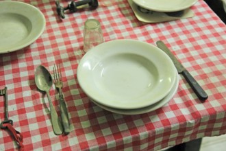 Museo della Civiltà Contadina, Farmers' Museum, dining table with crockery and cutlery, La Rocca,