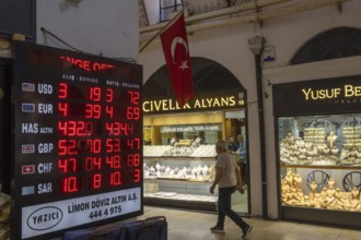 Istanbul, Turkey. June 23rd 2025. Gold shops and currency exchange offices in the Grand Bazaar, one