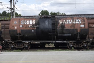 Gori, Georgia. September 10th 2025. A Georgian Railways oil or fuel tanker carriage, stationary at
