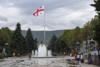 Gori, Georgia. September 9th 2025. The Georgian flag flying in Stalin Park near the Stain Museum on