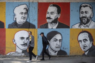 Gori, Georgia. September 9th 2025. Street art portraits celebrating Georgian artists in the city of