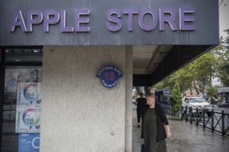 Gori, Georgia. September 9th 2025. Street sign for Stalin Avenue outside an unofficial Apple Store
