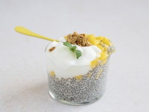 Chia seed pudding layered with mango, yogurt, and granola, topped with fresh mint