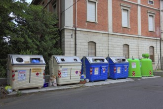 Waste separation, various dumpsters, Brescello, Emilia-Romagna, Italy