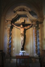 Brescello village, cross, cross with the talking Jesus from the movie Don Camillo and Peppone, in