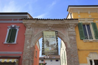Italy, village of Brescello, advertisement for Museum of Don Camillo and Peppone, Emilia-Romagna