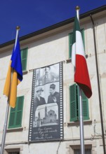 Italy, Brescello village, the town hall, Don Camillo and Peppone, flags, Italian