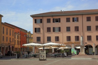 Italy, village of Brescello, Caffe Don Camillo on the market square
