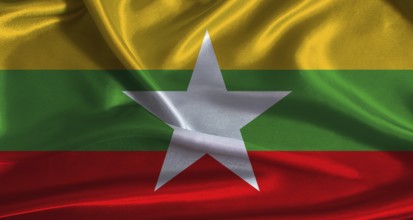 Myanmar flag with cloth textured background. National flag of Myanmar with realistic texture