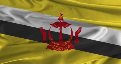 Flag of Brunei with fabric textured background. Close up of National flag of Brunei with realistic
