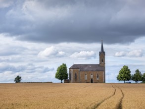 View over a wheat field to the Bischwinder chapel Maria Hilfe der Christenheit, Bischwind, Lower