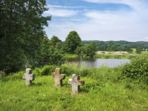 Group of three medieval stone crosses on the banks of the river Naab, Sühnekreuz, Mordkreuz, near