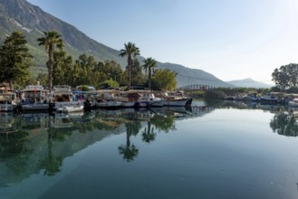 Akyaka, Mugla, Turkey. September 8th 2022 Boats moored in the beautiful harbour at the entrance to