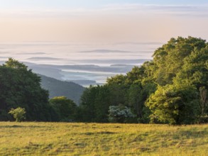 View of endless ranges of hills with morning fog at sunrise, Rhön Biosphere Reserve, Bischofsheim