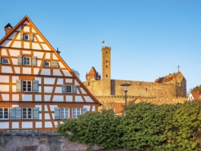 Franconian half-timbered house at Abenberg Castle in the evening light, Abenberg, Middle Franconia,