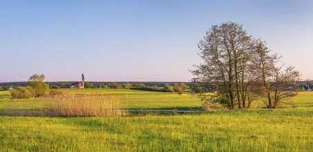 Meadow landscape in the Altmühltal, behind Großenried with the church of St. Lawrence, Middle