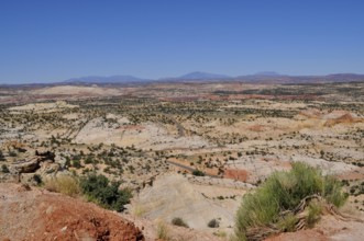 Wide landscape with reddish rocks and sparse plant growth under clear blue sky, Grand Staircase