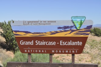 Grand Staircase-Escalante National Monument sign in desert landscape, Grand Staircase Escalante