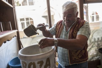 Ortahisar, Cappadocia, Turkey. September 19th 2018 Huseyin the Boza maker of Ortahisar Boza is a