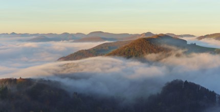View from the Gisliflue of the Jura foothills Wasserfluh covered in fog, in morning light, Talheim,