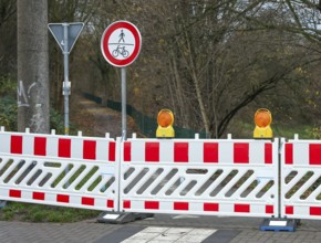 Castrop-Rauxel, North Rhine-Westphalia, Germany - A bicycle path, footpath is blocked off by signs,