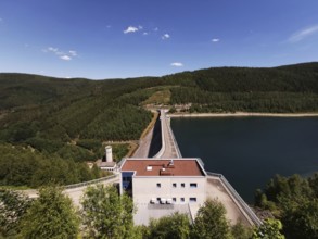 View from above of the Leibis Lichte dam in summer, energy generation in the Thuringia nature park
