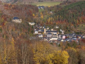 View of Gräfenthal with Wespenstein Castle in the Thuringian Highlands in autumn, Gräfenthal,