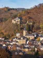 View of Gräfenthal with Wespenstein Castle in the Thuringian Highlands in autumn, Gräfenthal,