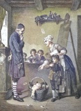 At school, in the classroom, with teachers and students, a mother brought a gift, a basket with a