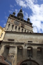 Romania, hour tower in the historic old town of Sighisoara, German Sighisoara, town in Mures