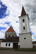 Romania, church tower of the fortified church in the village of Klosdorf, Romanian Cloasterf,