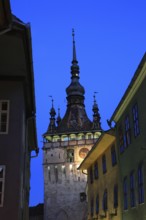 Romania, hour tower in the historic old town of Sighisoara, German Sighisoara, town in Mures