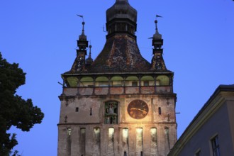 Romania, hour tower in the historic old town of Sighisoara, German Sighisoara, town in Mures