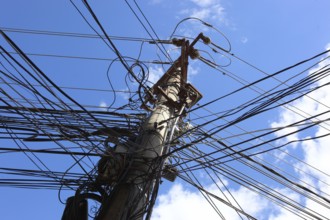 Romania, electricity, infrastructure, power line, power pole in a village in Transylvania