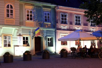 Romania, restaurant in the Upper Town, at blue hour in the historic old town of Sighisoara, German