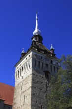 Romania, church tower of the church of Saschiz, German Keisd, a community in Mures County,