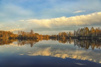 Tranquil landscape with autumn trees reflecting in the still lake, surrounded by a blue sky with
